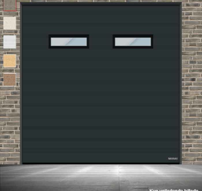 Sortgrå garageport med vision
